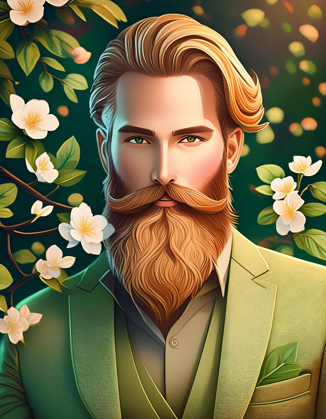 Firefly handsome Irish man with longer beard, khaki suit 50670 about us